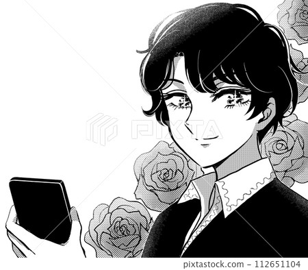 一個六月風格的漂亮男孩拿著智慧型手機微笑的黑白卡通畫 112651104