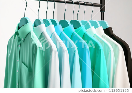 AI-generated content. Men's shirts hanging in a row on a hanger, close-up, clothing and fashion concept 112651535