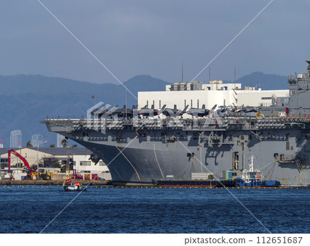 US Navy amphibious assault ship America anchored in Nanko Minami, Osaka 112651687