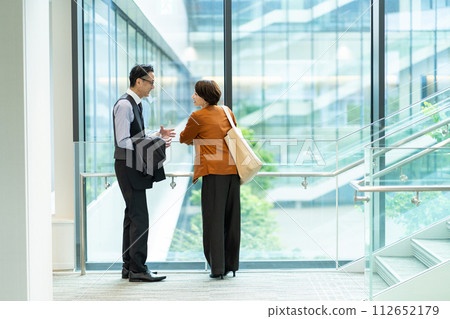 Businesswoman and businessman talking in the office 112652179