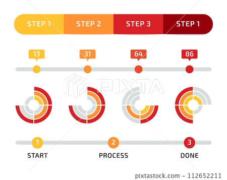 Progress bar. Infographic design. Circle and line charts. Sequence steps. Loading diagram with percent numbers. Business presentation. Statistic scheme. Vector progressive data indicator elements set Progress bar. Infographic design. Circle and line charts. Sequence steps. Loading diagram with percent numbers. Business presentation. Statistic scheme. Vector progressive data indicator elements set 112652211