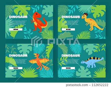 Dinosaur web design. Different types of dino on palm leaves background. Wild animals in tropical forest. Children education online paleontology site. Vector cartoon flat style isolated illustration 112652222