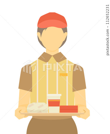 Illustration of a clerk holding a tray at a fast food restaurant 112652231