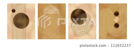 Line circle boho. Abstract graphic design geometry wall art, arch shape painting Bauhaus posters. Nordic geometric texture organic forms, vintage minimal style. Vector contemporary background set 112652237
