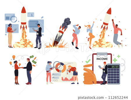 Storytelling company. Business startup. People launch rocket. Entrepreneurs make deal. Innovation idea. Profit calculation. Team start. Failure and success. Project infographic. Vector concepts set Storytelling company. Business startup. People launch rocket. Entrepreneurs make deal. Innovation idea. Profit calculation. Team start. Failure and success. Project infographic. Vector concepts set 112652244