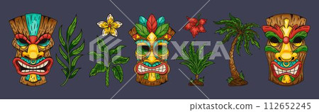 Tiki mask. Hawaiian totem. Hawaii beach palm leaves. Aloha sign. Tropical flower. Wood statue. Cartoon tribal sculpture. Ethnic idol. Summer travel. Polynesian culture. Vector tidy exotic elements set 112652245