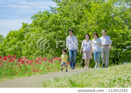 A three-generation family walking through a poppy-filled park 112652385