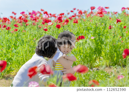 祖父母和孫子在開滿罌粟的公園玩耍 祖父母和孫子在開滿罌粟的公園玩耍 112652390