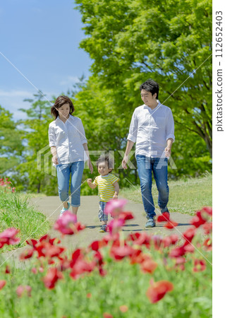 A family of three walking through a park filled with poppies A family of three walking through a park filled with poppies 112652403