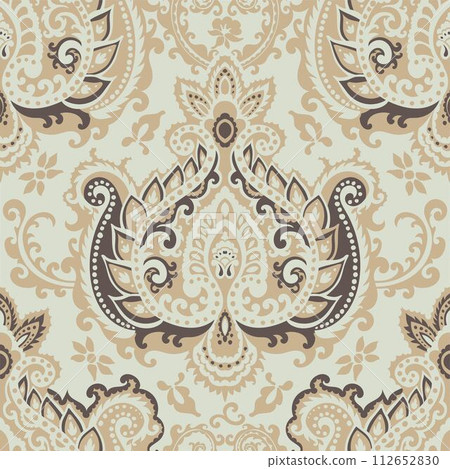 Blooming flowers and leaves, paisley design print 112652830