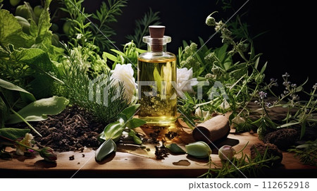 Eco-friendly, natural and nourishing hair care products with plants on the table Eco-friendly, natural and nourishing hair care products with plants on the table 112652918