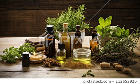 Eco-friendly, natural and nourishing hair care products with plants on the table Eco-friendly, natural and nourishing hair care products with plants on the table 112652920