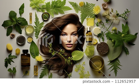 Eco-friendly, natural and nourishing hair care products with plants on the table 112652957