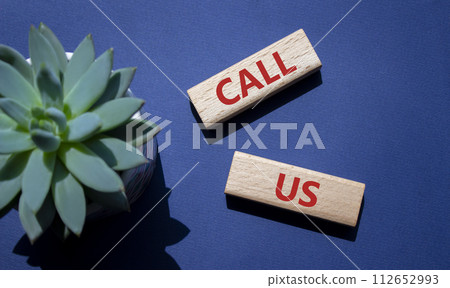 Call Us symbol. Wooden blocks with words Call Us. Beautiful deep blue background with succulent plant. Business and Call Us concept. Copy space. Call Us symbol. Wooden blocks with words Call Us. Beautiful deep blue background with succulent plant. Business and Call Us concept. Copy space. 112652993