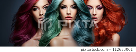 Several young beautiful women with bright and colorful hairstyles showing 112653001