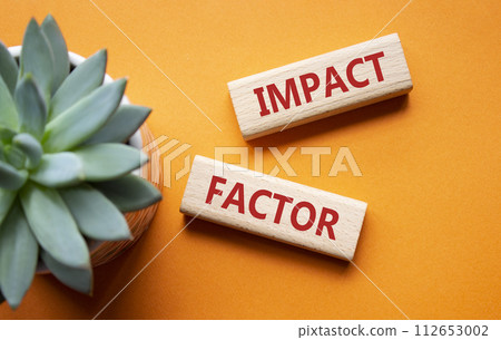 Impact Factor symbol. Wooden blocks with words Impact Factor. Beautiful orange background with succulent plant. Business and Impact Factor concept. Copy space. 112653002