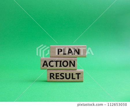 Plan Action Result symbol. Concept words Plan Action Result on wooden blocks. Beautiful green background. Business concept and Plan Action Result. Copy space. Plan Action Result symbol. Concept words Plan Action Result on wooden blocks. Beautiful green background. Business concept and Plan Action Result. Copy space. 112653038