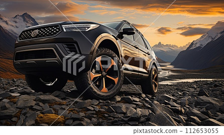 SUV car on top of mountain with beautiful scenery, closeup wheel, Generate Ai. 112653055