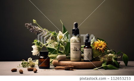 Eco-friendly, natural and nourishing hair care products with plants on the table 112653253