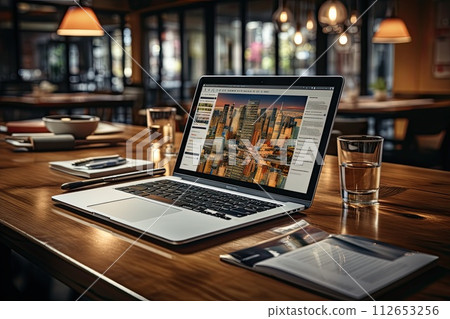 Open laptop on the desk in the office, Workflow on the computer, Generate Ai 112653256