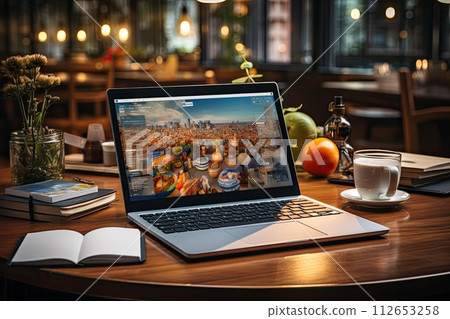 Open laptop on the desk in the office, Workflow on the computer, Generate Ai 112653258