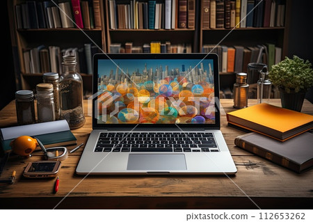 Open laptop on the desk in the office, Workflow on the computer, Generate Ai Open laptop on the desk in the office, Workflow on the computer, Generate Ai 112653262