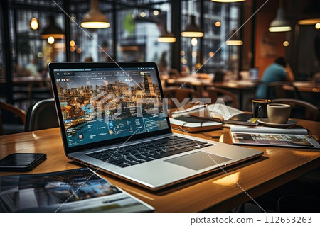 Open laptop on the desk in the office, Workflow on the computer, Generate Ai Open laptop on the desk in the office, Workflow on the computer, Generate Ai 112653263