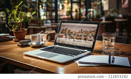Open laptop on the desk in the office, Workflow on the computer, Generate Ai Open laptop on the desk in the office, Workflow on the computer, Generate Ai 112653292