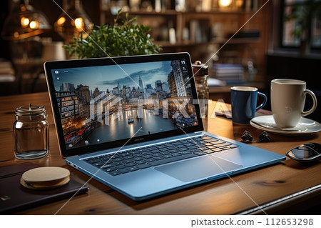 Open laptop on the desk in the office, Workflow on the computer, Generate Ai Open laptop on the desk in the office, Workflow on the computer, Generate Ai 112653298