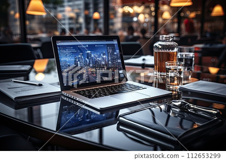 Open laptop on the desk in the office, Workflow on the computer, Generate Ai 112653299