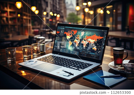 Open laptop on the desk in the office, Workflow on the computer, Generate Ai 112653300