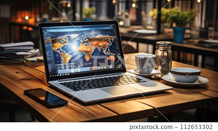Open laptop on the desk in the office, Workflow on the computer, Generate Ai Open laptop on the desk in the office, Workflow on the computer, Generate Ai 112653302