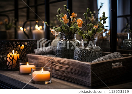 Cozy and modern Bathroom with candle bathtub and sink, beautifully bathroom Cozy and modern Bathroom with candle bathtub and sink, beautifully bathroom 112653319