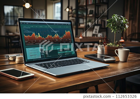 Open laptop on the desk in the office, Workflow on the computer, Generate Ai 112653326