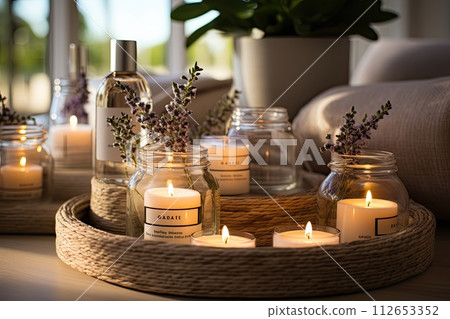 Cozy and modern Bathroom with candle bathtub and sink, beautifully bathroom Cozy and modern Bathroom with candle bathtub and sink, beautifully bathroom 112653352