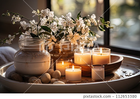 Cozy and modern Bathroom with candle bathtub and sink, beautifully bathroom Cozy and modern Bathroom with candle bathtub and sink, beautifully bathroom 112653380
