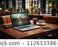 Open laptop on the desk in the office, Workflow on the computer, Generate Ai 112653386