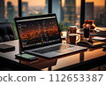 Open laptop on the desk in the office, Workflow on the computer, Generate Ai 112653387