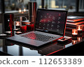 Open laptop on the desk in the office, Workflow on the computer, Generate Ai 112653389