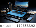 Open laptop on the desk in the office, Workflow on the computer, Generate Ai 112653392