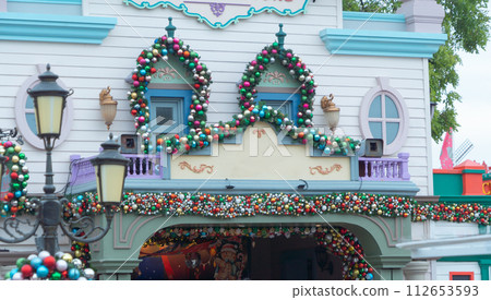 Christmas sign in front shop. Event holiday. Christmas sign in front shop. Event holiday. 112653593