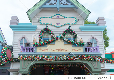 Christmas sign in front shop. Event holiday. Christmas sign in front shop. Event holiday. 112653601