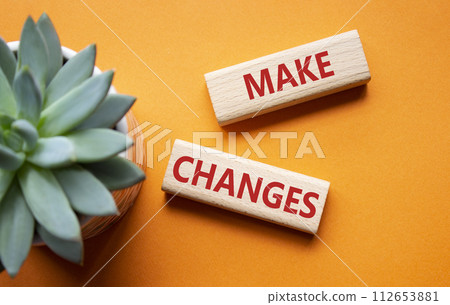 Make changes symbol. Wooden blocks with words Make changes with succulent plant. Beautiful orange background. Business and Make changes concept. Copy space. Make changes symbol. Wooden blocks with words Make changes with succulent plant. Beautiful orange background. Business and Make changes concept. Copy space. 112653881