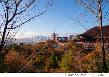 Kiyomizu Dera Pagoda Temple with red maple leaves or fall foliage in autumn season. Colorful trees, Kyoto, Japan. Nature and architecture landscape background. Kiyomizu Dera Pagoda Temple with red maple leaves or fall foliage in autumn season. Colorful trees, Kyoto, Japan. Nature and architecture landscape background. 112654022