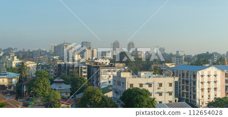 Aerial top view of Yangon urban city town, Myanmar or Burma. Tourist destination. Aerial top view of Yangon urban city town, Myanmar or Burma. Tourist destination. 112654028