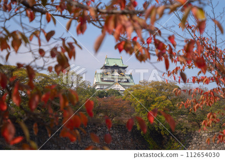 Osaka Castle building with colorful maple leaves or fall foliage in autumn season. Colorful trees, Osaka City, Japan. Architecture landscape background. Famous tourist attraction. Osaka Castle building with colorful maple leaves or fall foliage in autumn season. Colorful trees, Osaka City, Japan. Architecture landscape background. Famous tourist attraction. 112654030