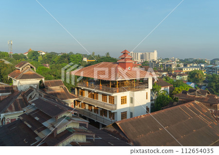 Aerial top view of Yangon urban city town, Myanmar or Burma. Tourist destination. 112654035