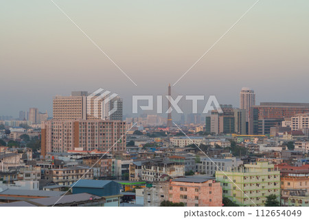 Aerial top view of Rama 8 Bridge in structure of suspension architecture concept, Urban city, Bangkok. Downtown area at sunset, Thailand. Aerial top view of Rama 8 Bridge in structure of suspension architecture concept, Urban city, Bangkok. Downtown area at sunset, Thailand. 112654049