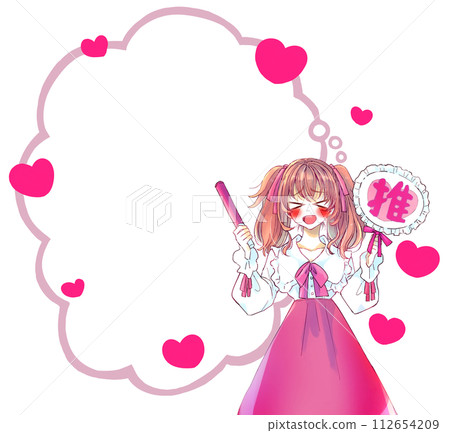 一個女人用扇子和車前子推自己，痛苦，紅色的泡泡 112654209