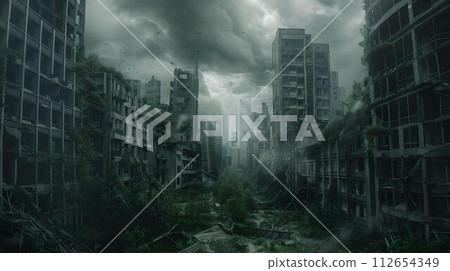 Post-apocalyptic cityscape, eerie deserted urban ruins. overgrown buildings, survival theme, dystopian future. perfect for game backgrounds. AI 112654349